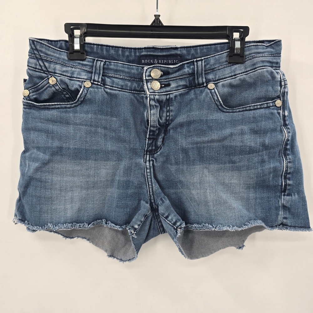 Rock & Republic Womens Denim Shorts Size 12 Medium Wash Cut Off‎ Frayed Hem Blue